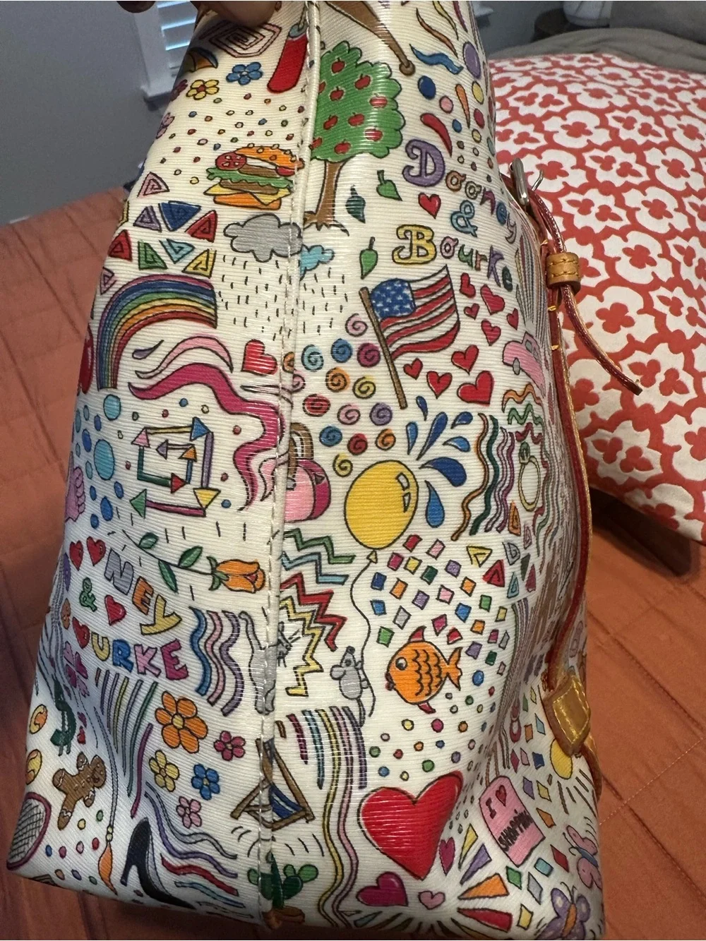 Dooney & Bourke White Multicolor Doodle Tote with Tan Leather Trim